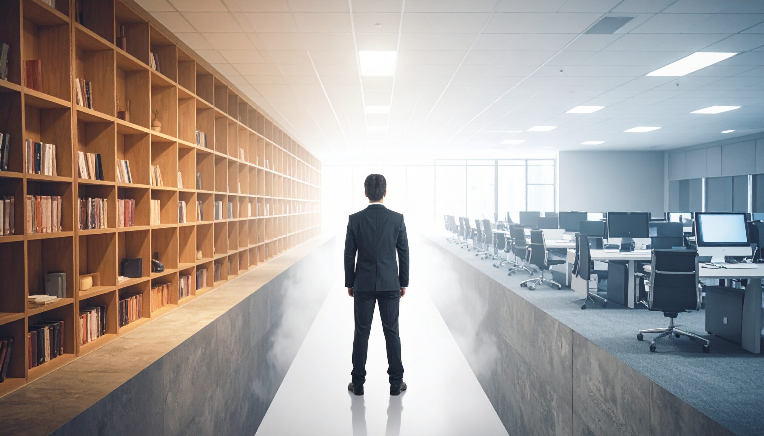 Student standing between a library and a board room.