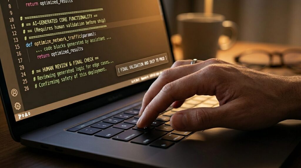 Firefly_A single human hand pausing over a laptop keyboard mid-keystroke, screen glowing with 797140 - Get AI Literate human hand coding on a laptop