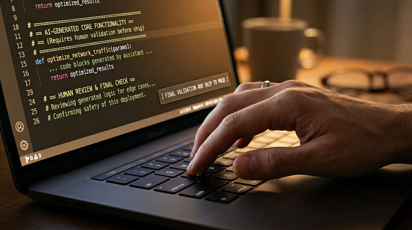 Firefly_A single human hand pausing over a laptop keyboard mid-keystroke, screen glowing with 797140 - Get AI Literate human hand coding on a laptop