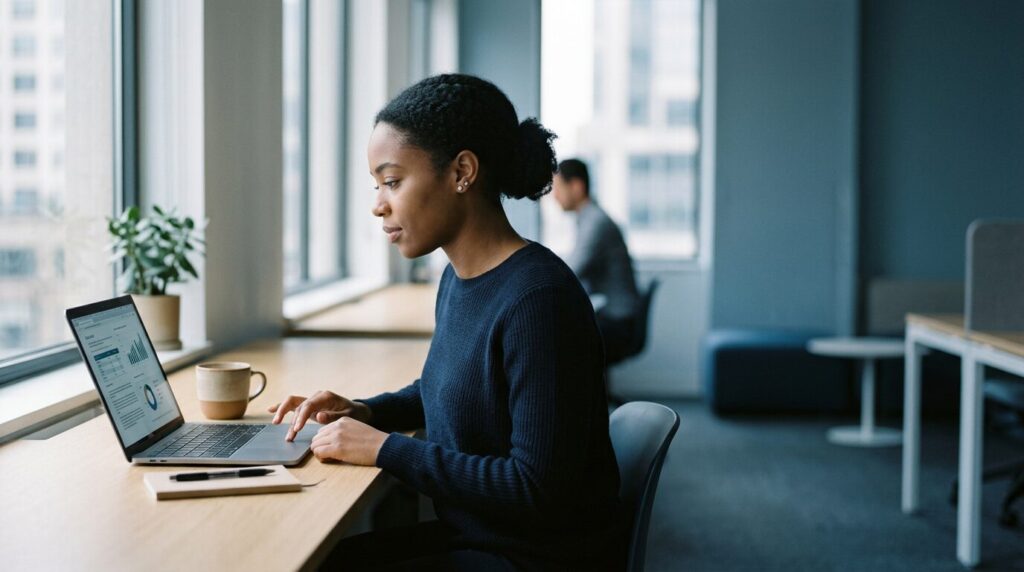 Firefly_Gemini Flash_Candid editorial photo of a focused early-career professional in their mid-twenties a 797140 - Get AI Literate girl at a laptop