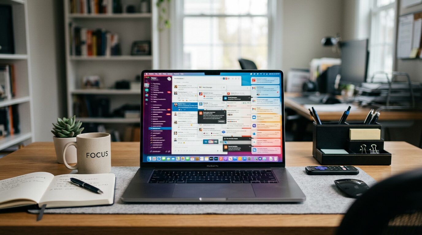 Nano Banana 2 - A calm_ organized desk at the center of a blurred storm of business notifications on_1 - Get AI Literate Signal vs. noise of notifications