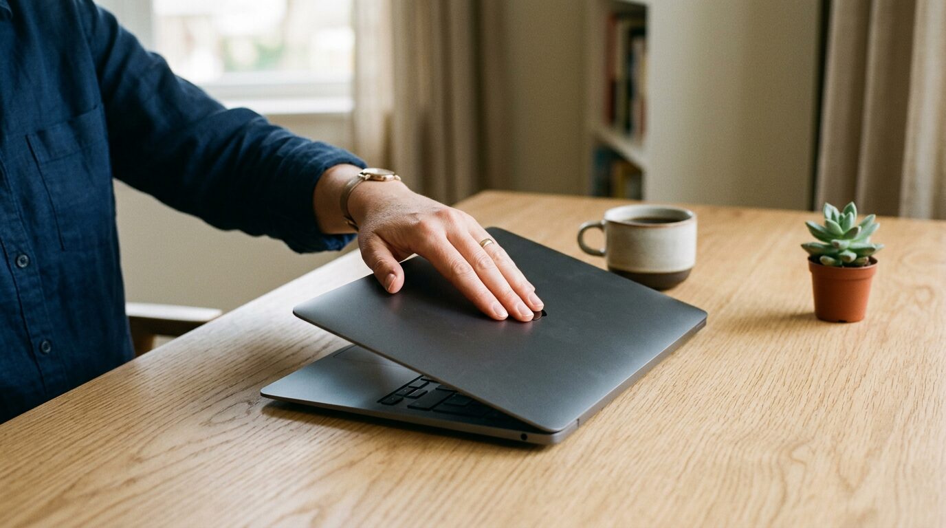 Nano Banana 2 - A hand deliberately closing a laptop or setting a phone face-down on a calm desk_ Su_4 - Get AI Literate Person closing a laptop on a desk