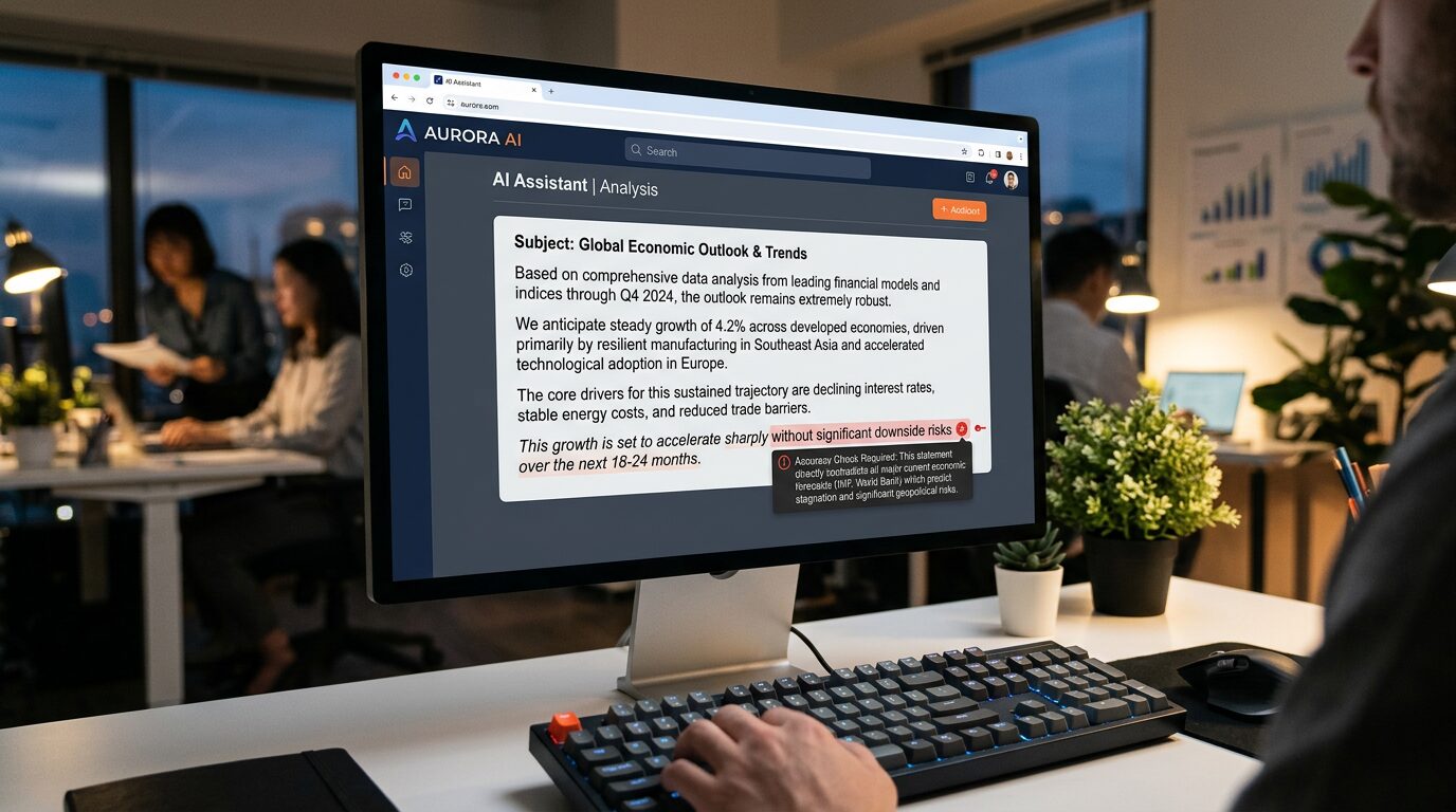 Nano Banana 2 - A polished_ confident-looking AI answer on screen with one small red flag or error m_4 - Get AI Literate Person sitting at a computer with a prompt on the screen.