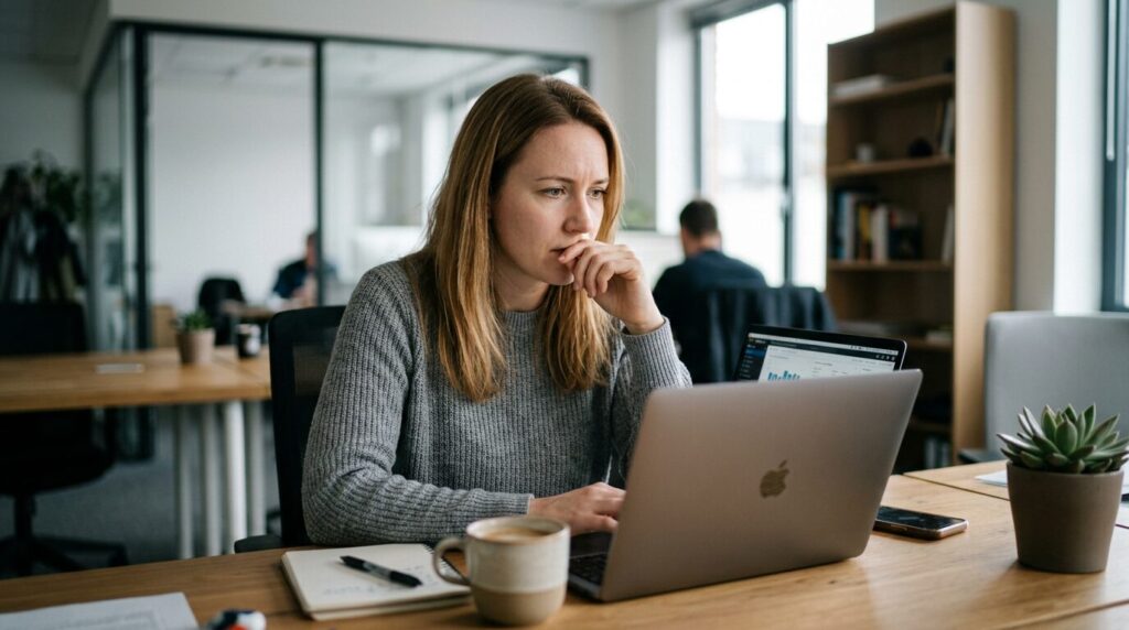 Woman at a desk looking intently at a computer