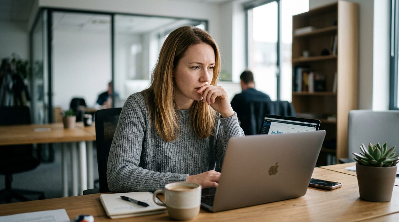 Woman at a desk looking intently at a computer