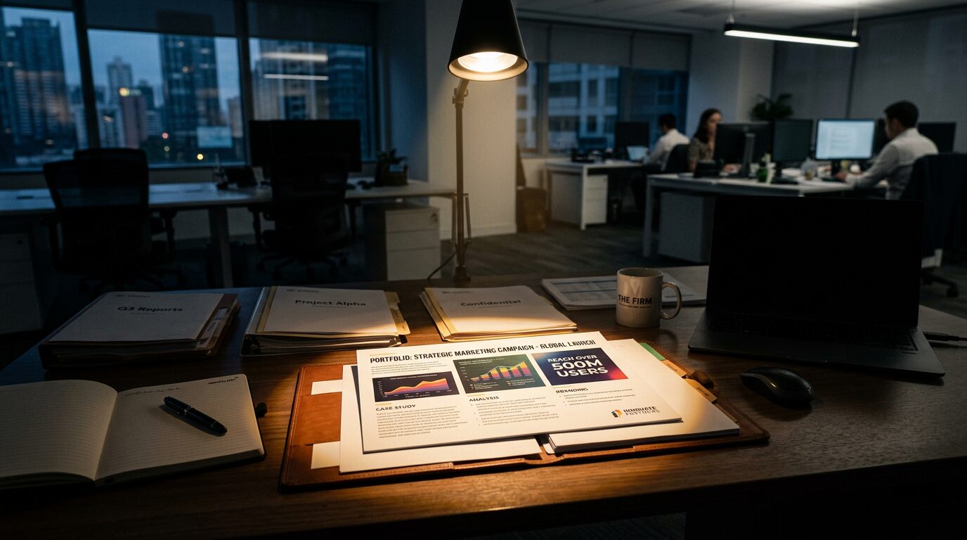 Nano Banana 2 - A spotlight falling on a single strong work sample or portfolio page_ A series of d_3 - Get AI Literate Portfolio on a desk.