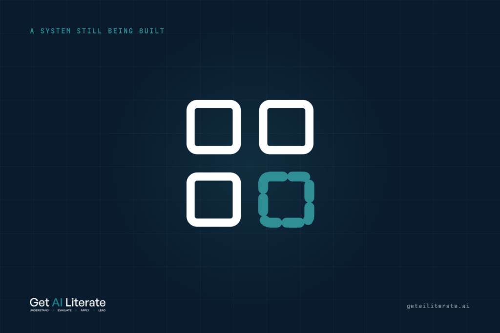 Grid of squares with one still dashed and unfinished, a system still being built