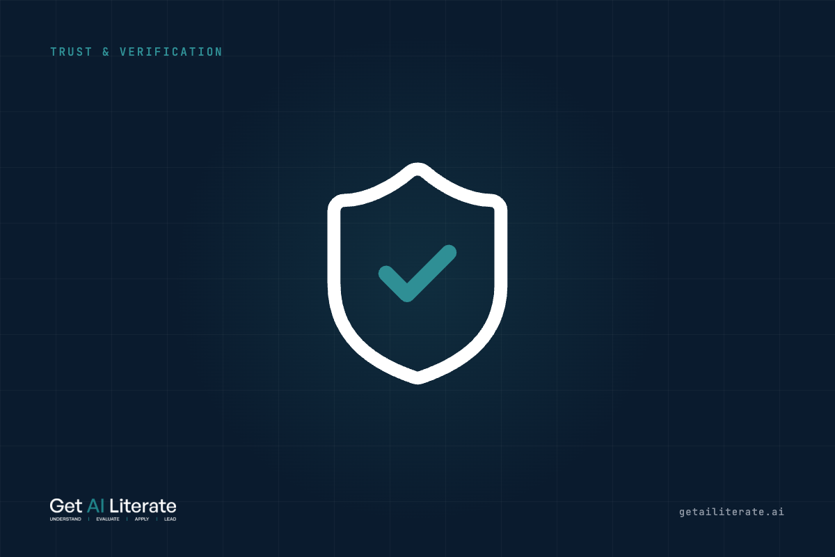 Shield with a teal check mark on navy, trust and verification